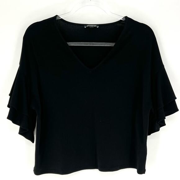Express Short Sleeve Blouse with Ruffle Sleeve Black XS - Picture 2 of 8